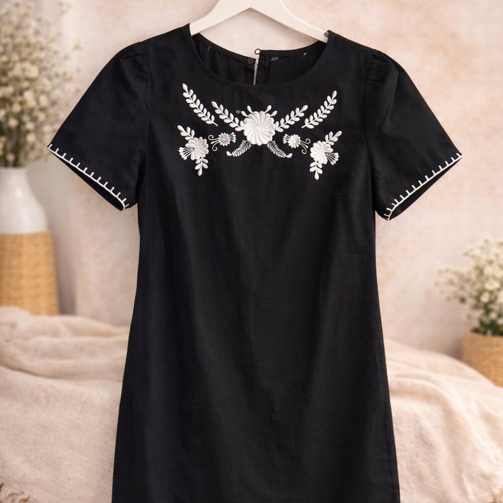 Black Embroidered Shift Dress